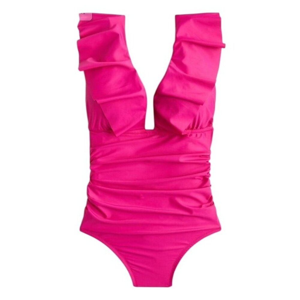J.Crew Pink Long-Torso Ruched Ruffled V-Neck One-Piece Swimsuit Size 10 NWT